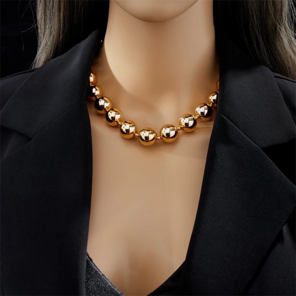 Gold Round Circle Link Chain Bead Balls Metallic Pearl Necklace